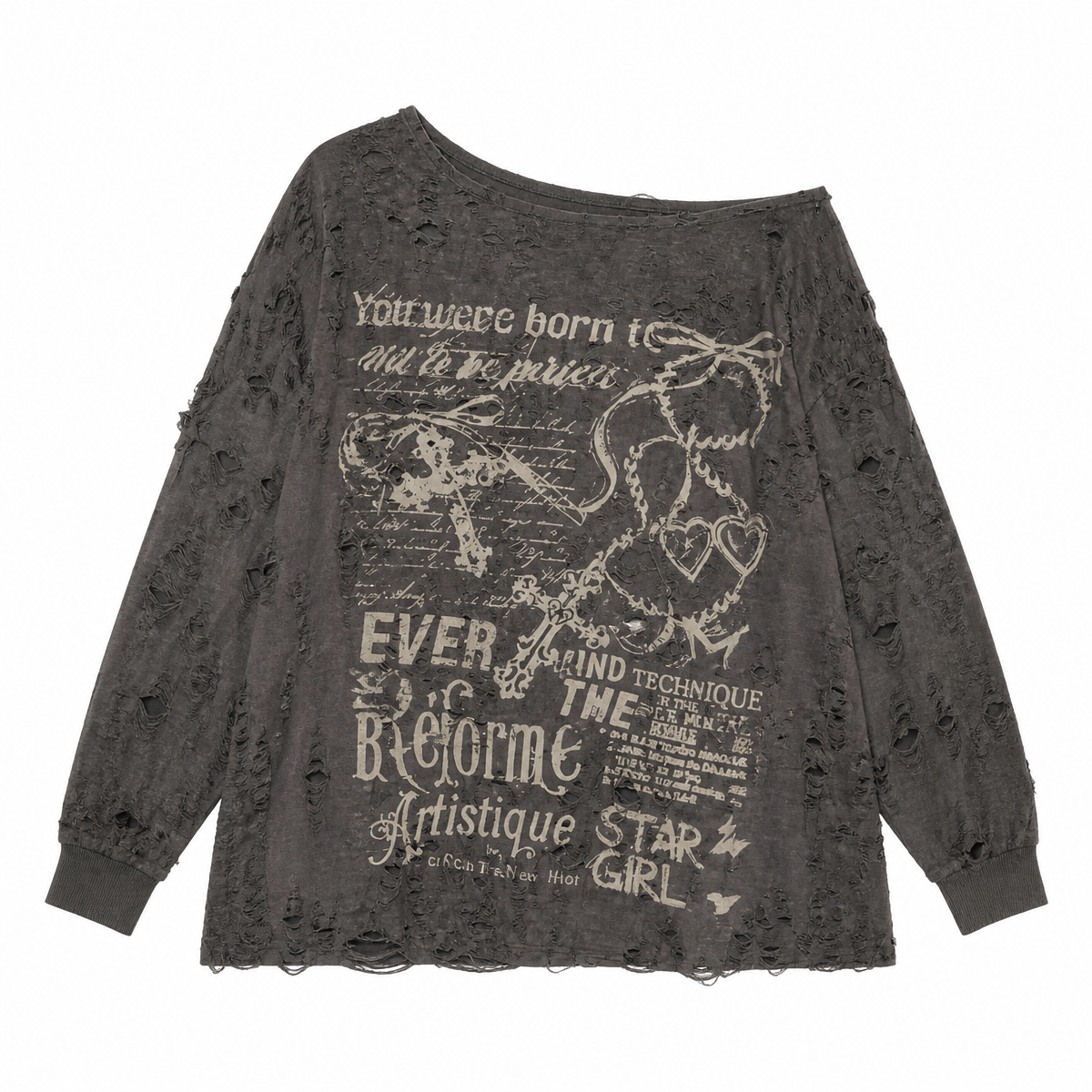 Grunge Distressed Off-Shoulder Graphic Long-Sleeve T-Shirt