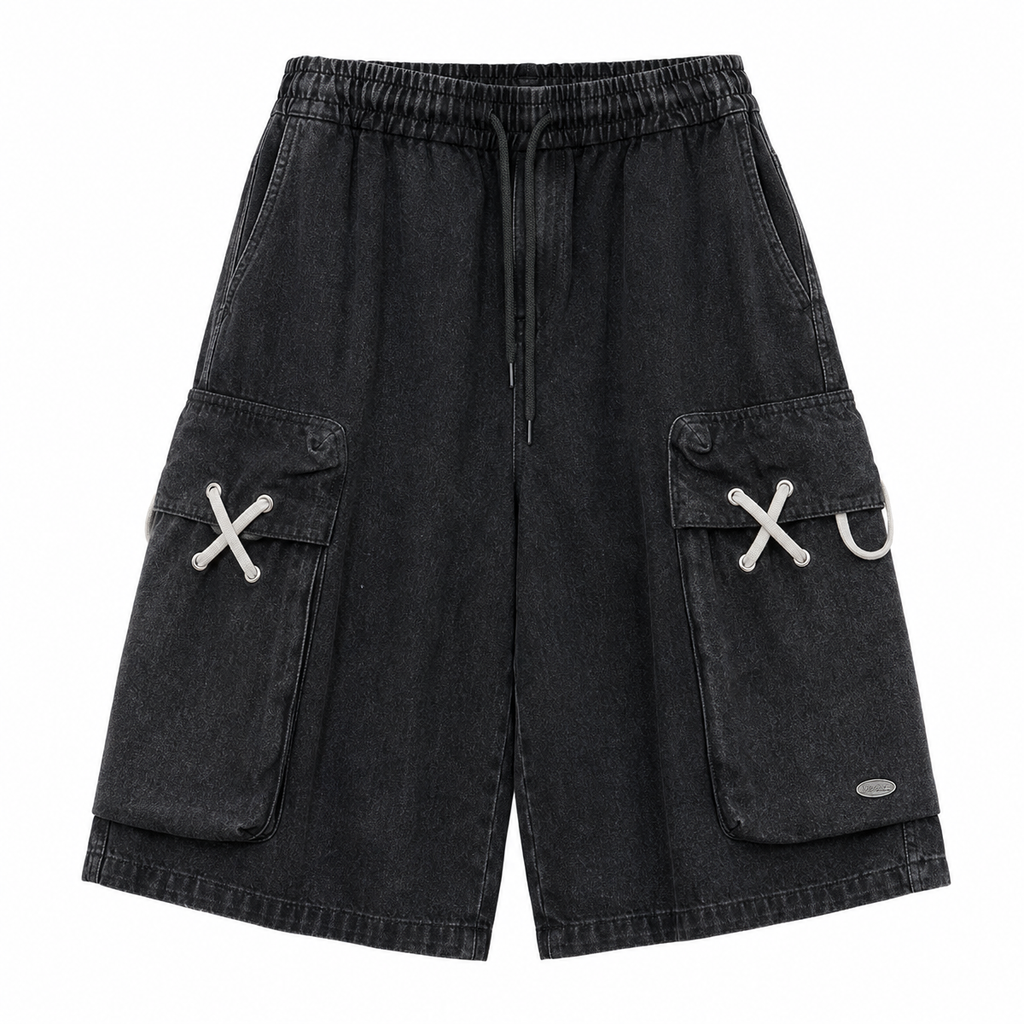 Men's Black Denim Cargo Shorts – Loose Knee-Length Drawstring Shorts