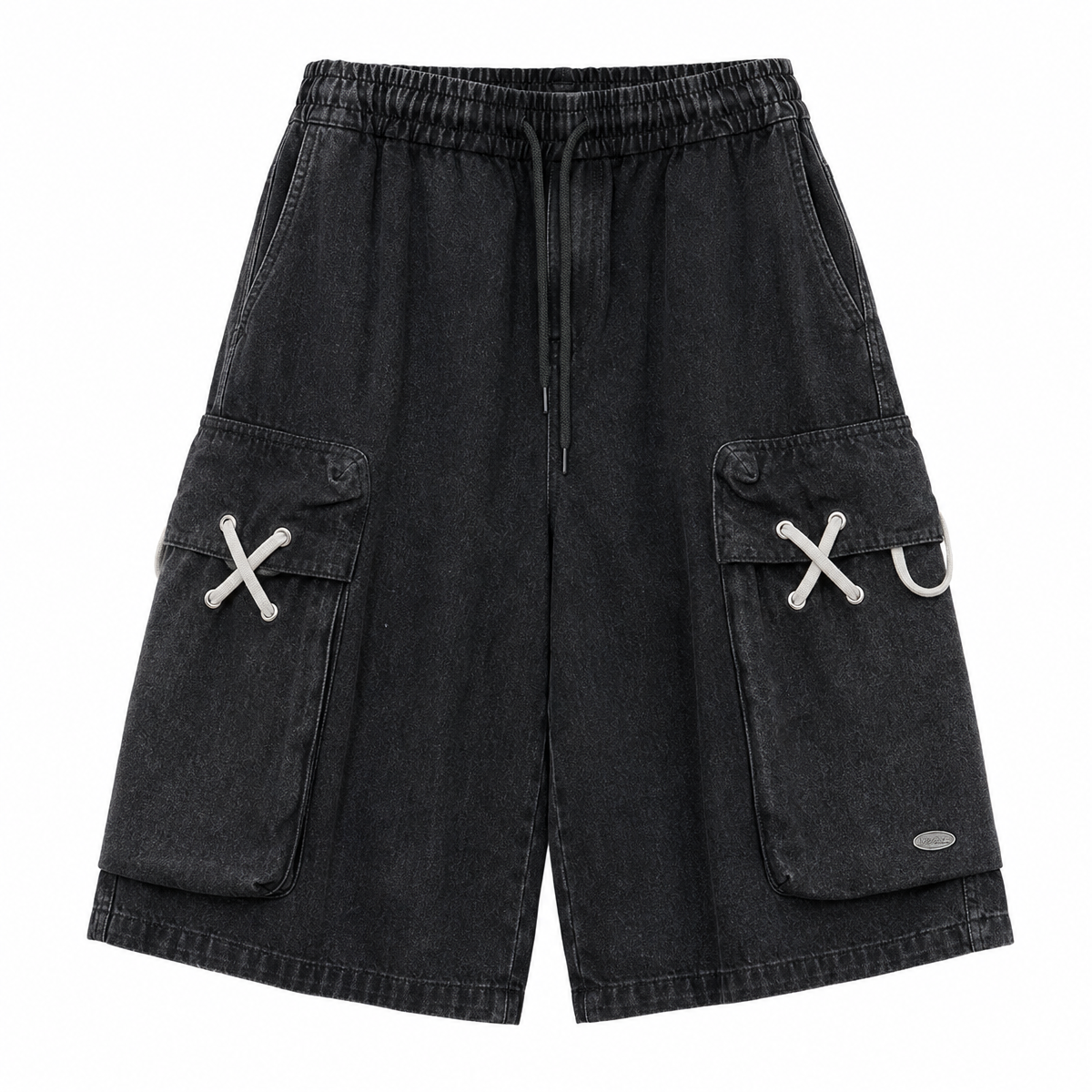 Men's Black Denim Cargo Shorts – Loose Knee-Length Drawstring Shorts