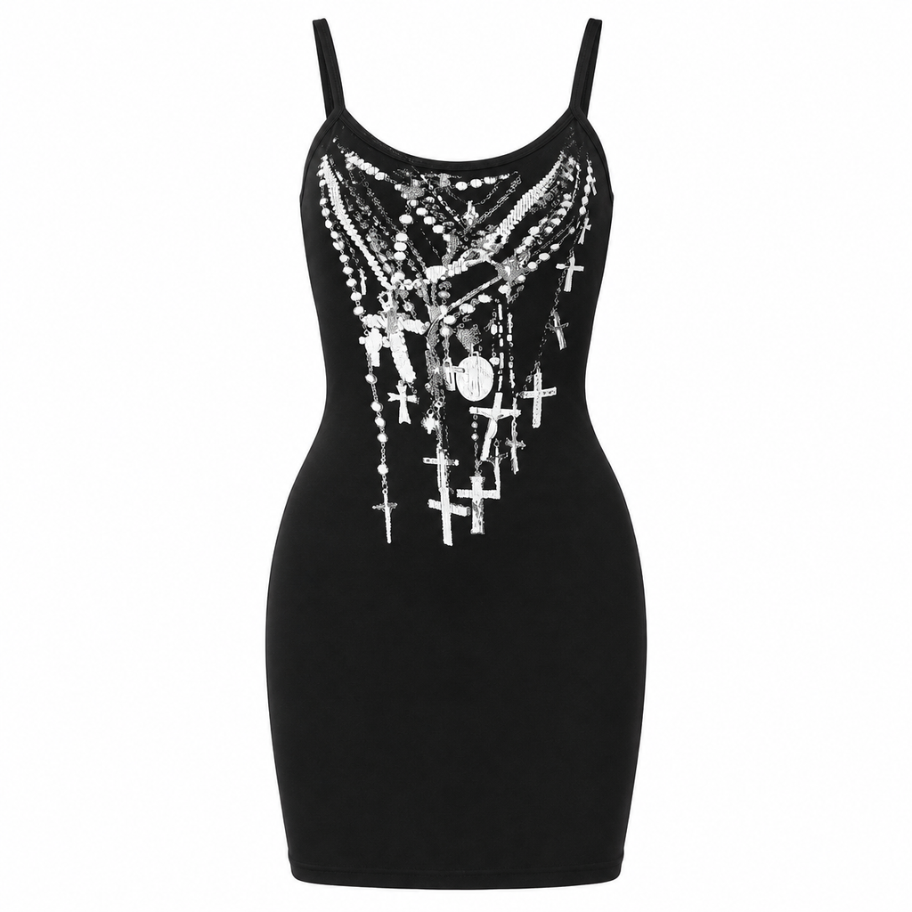 Black Printed Mini Dress with Cross Motif