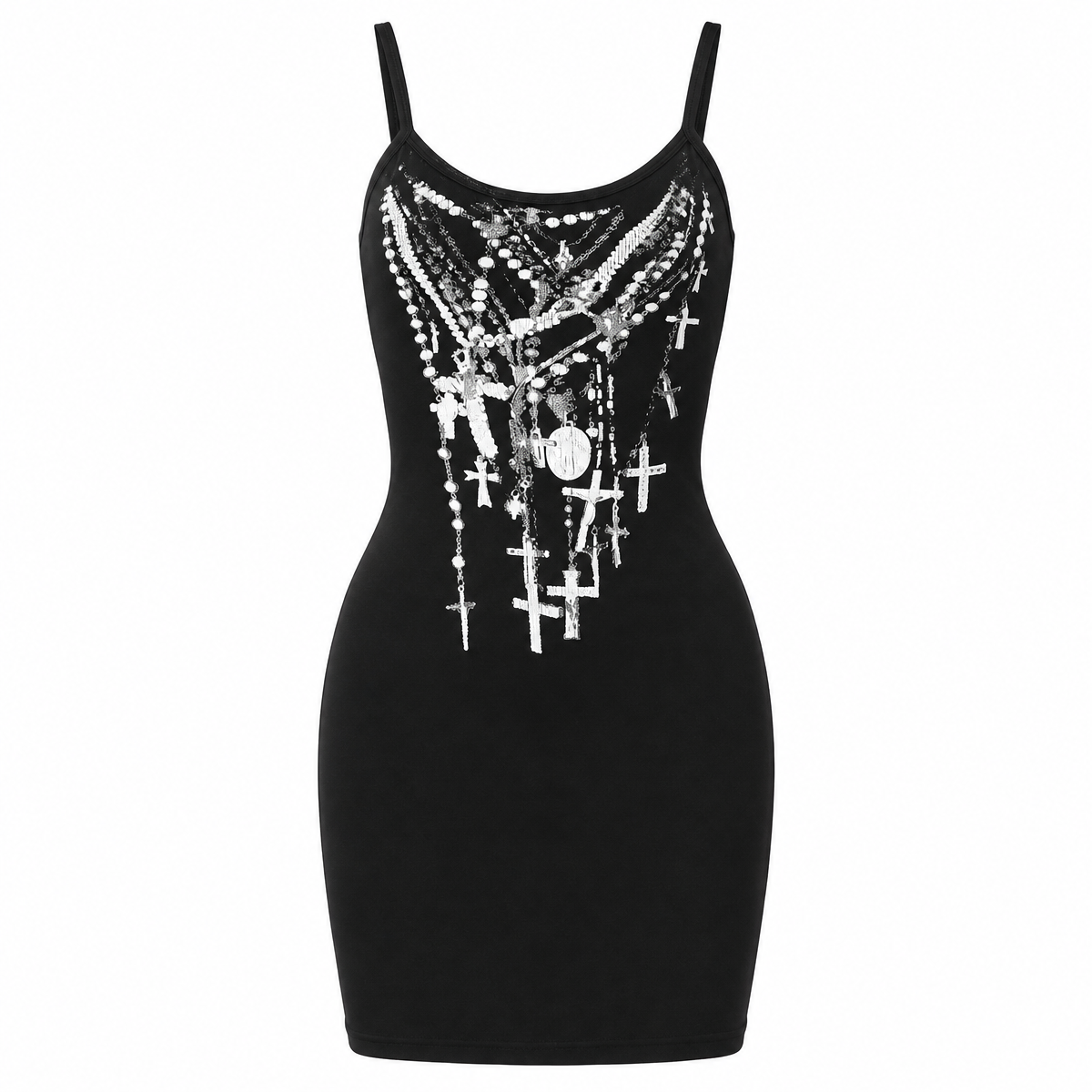 Black Printed Mini Dress with Cross Motif