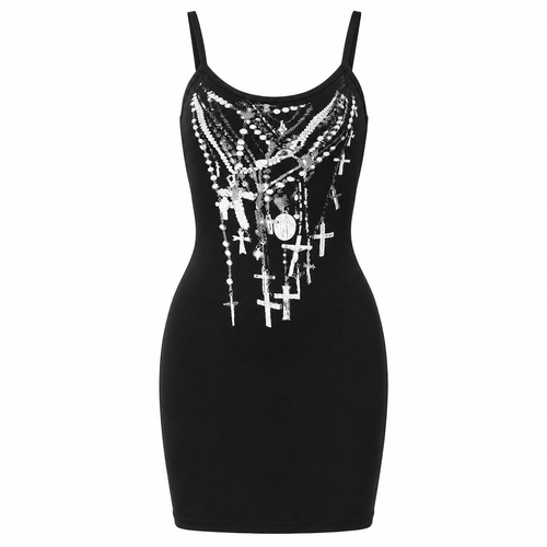 Black Printed Mini Dress with Cross Motif