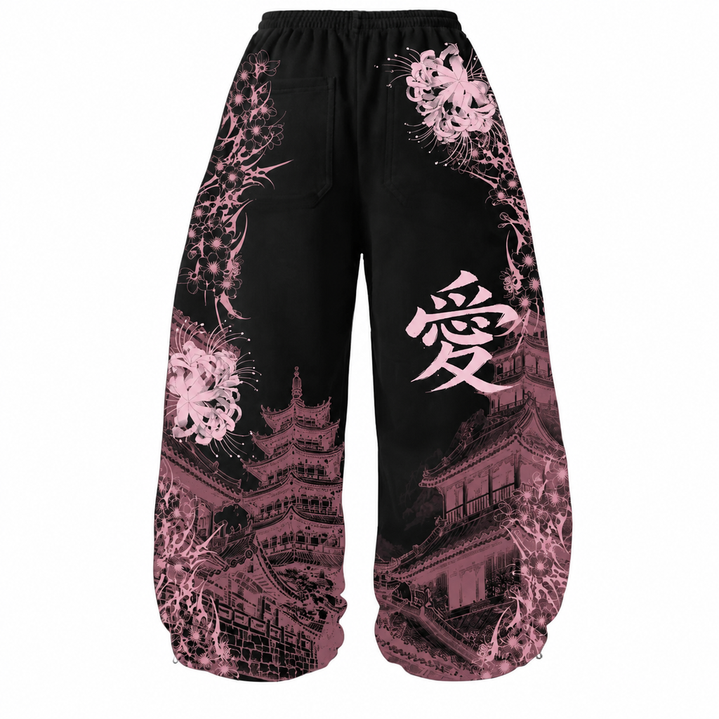 Grunge Black Wide-Leg Pants with Pink Floral and Japanese-Inspired Print