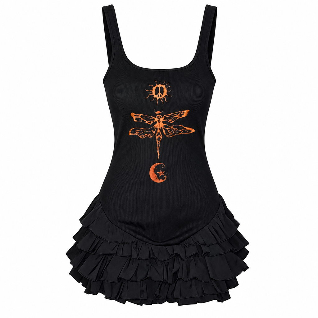 Black Gothic Dragonfly Graphic Ruffle Mini Dress