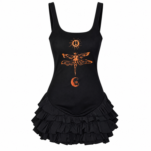 Black Gothic Dragonfly Graphic Ruffle Mini Dress
