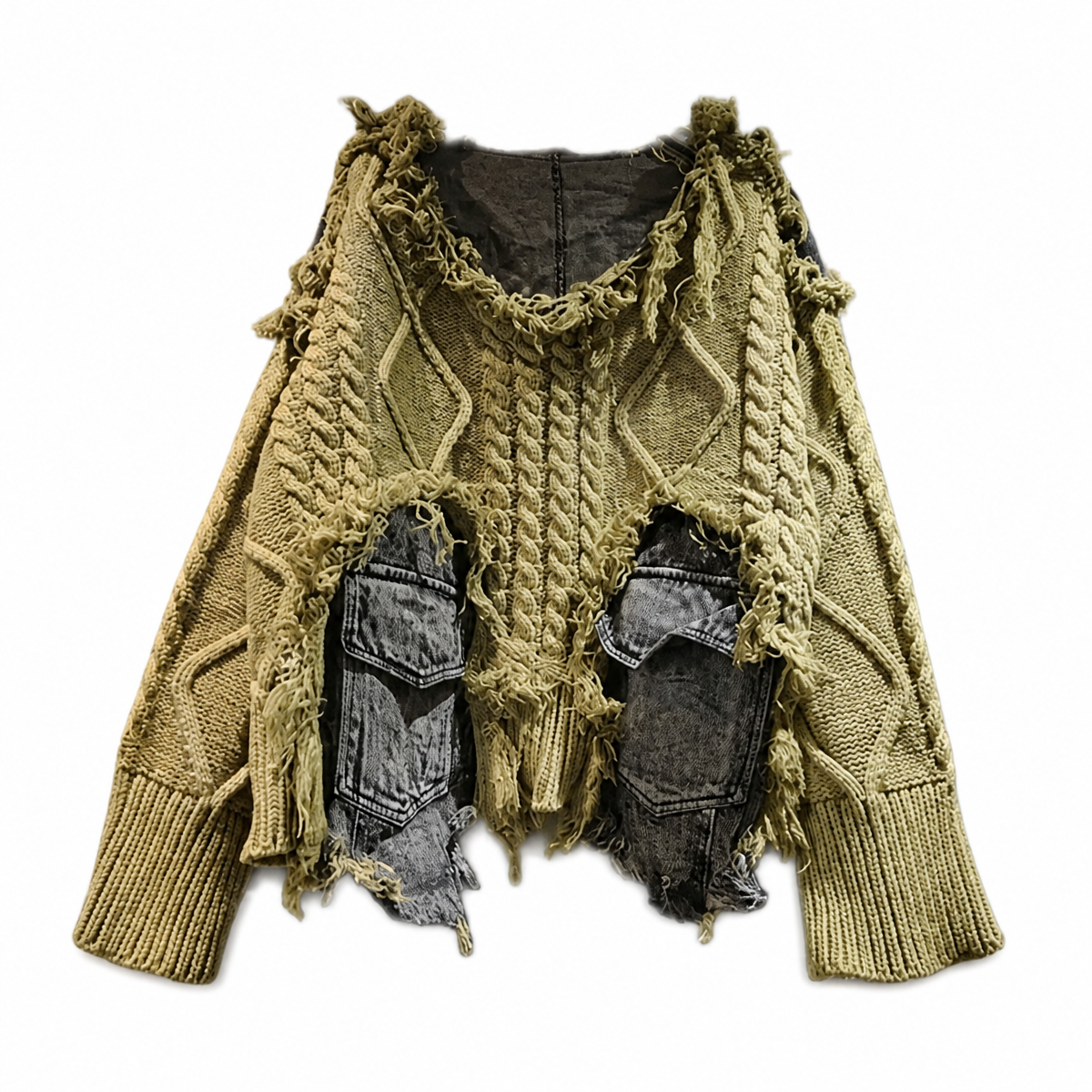 Grunge Patchwork Knit Pullover Sweater with Pocket Detail