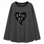 Grunge Striped Long-Sleeve Shirt with Embroidered Heart Graphic