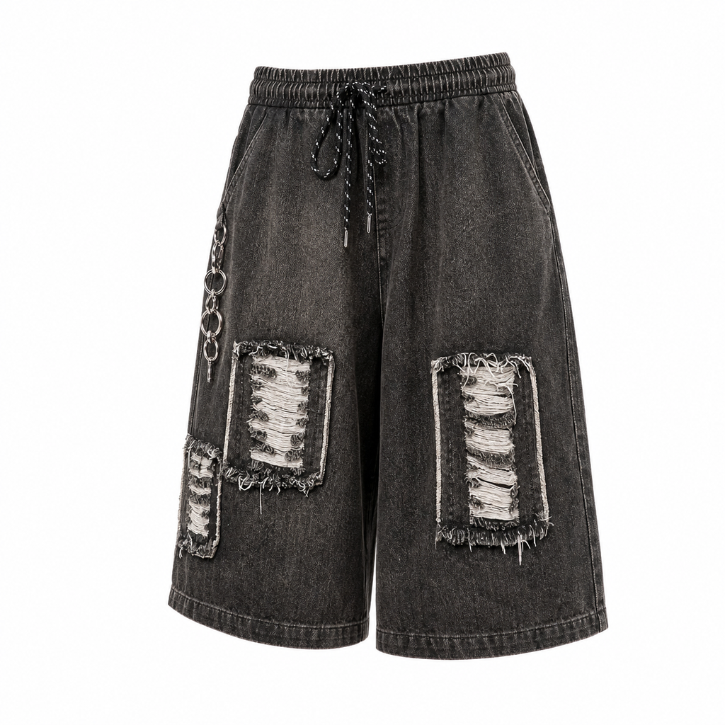 Men's Ripped Denim Shorts – Loose Knee-Length Black Shorts