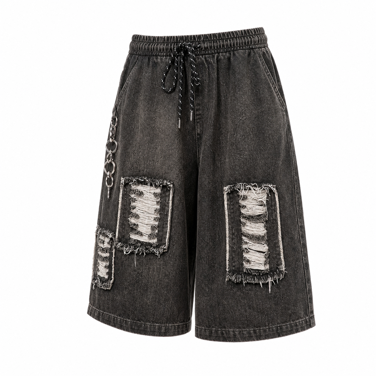 Men's Ripped Denim Shorts – Loose Knee-Length Black Shorts