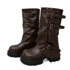 Women's Brown Platform Buckle Mid-Calf Boots