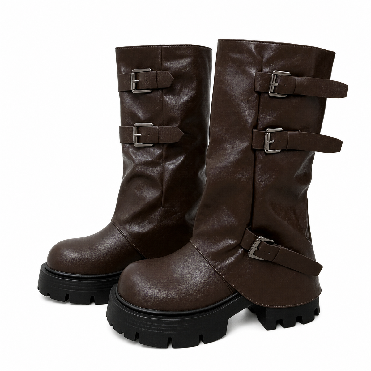 Women's Brown Platform Buckle Mid-Calf Boots