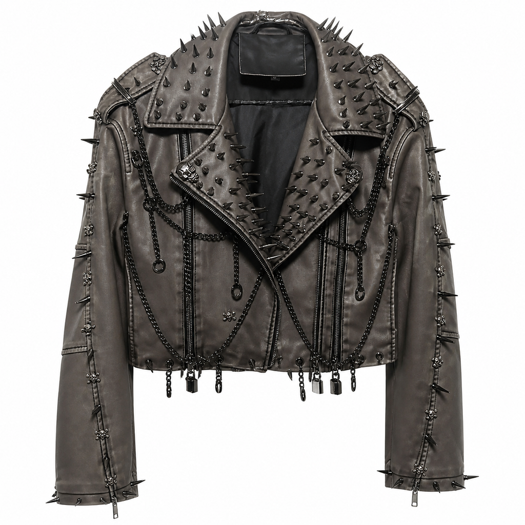 Grunge Spiked PU Leather Jacket in Gray