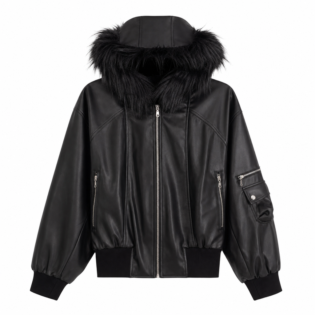 Black Faux Leather Hooded Jacket with Faux-Fur Trim