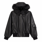 Black Faux Leather Hooded Jacket with Faux-Fur Trim