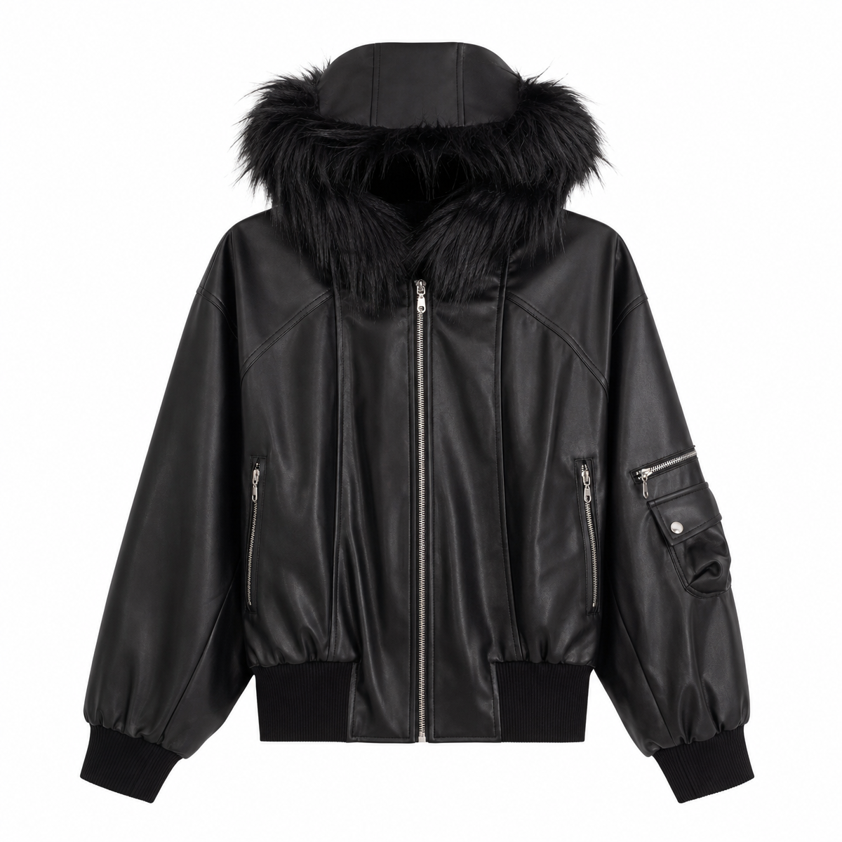 Black Faux Leather Hooded Jacket with Faux-Fur Trim