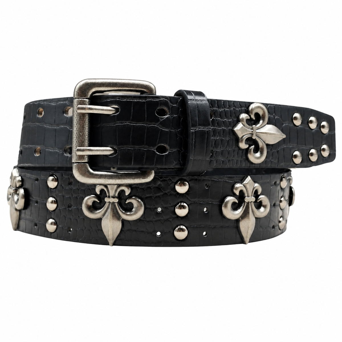 Grunge Fleur-de-Lis Rivet Crocodile-Pattern Belt