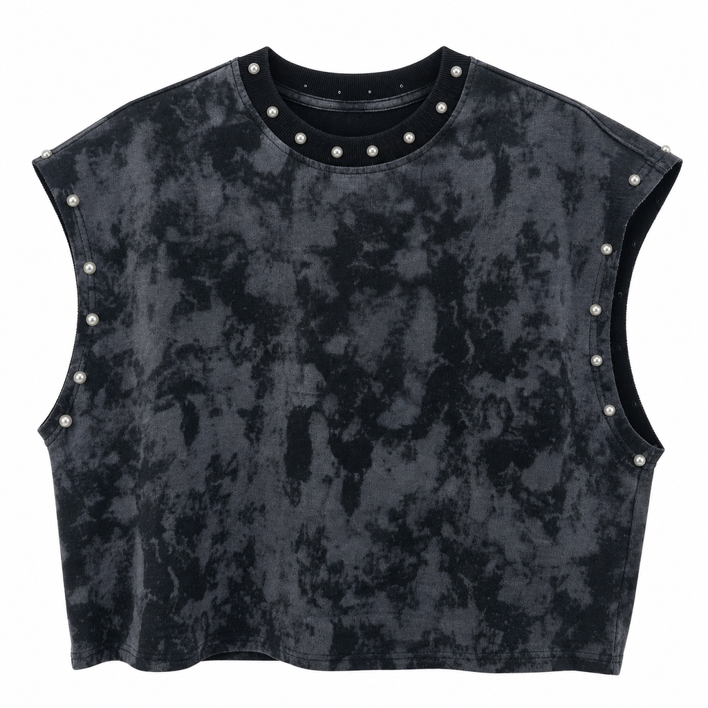 Unisex Black Distressed Pearl-Studded Cropped Sleeveless Top