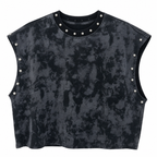 Unisex Black Distressed Pearl-Studded Cropped Sleeveless Top