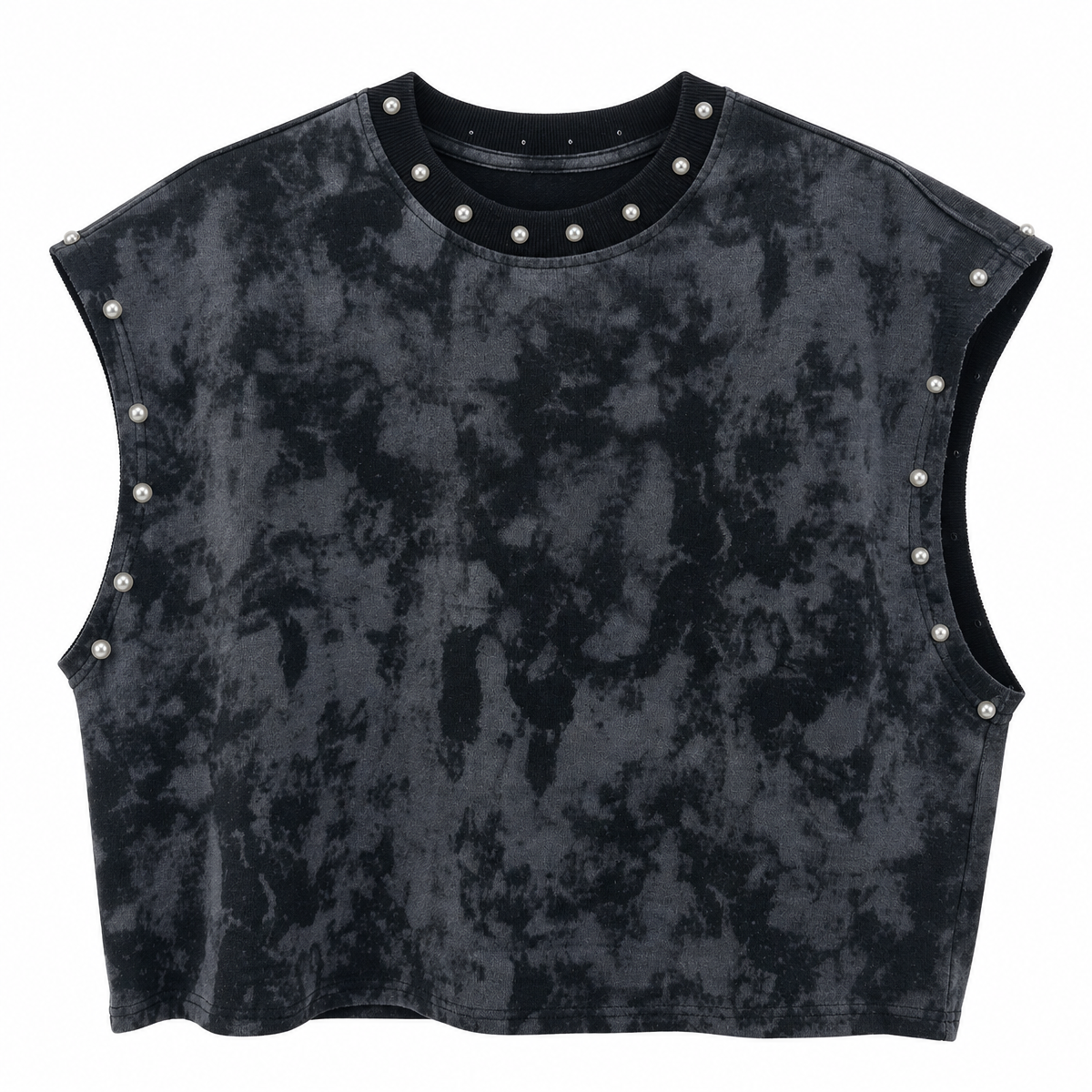 Unisex Black Distressed Pearl-Studded Cropped Sleeveless Top