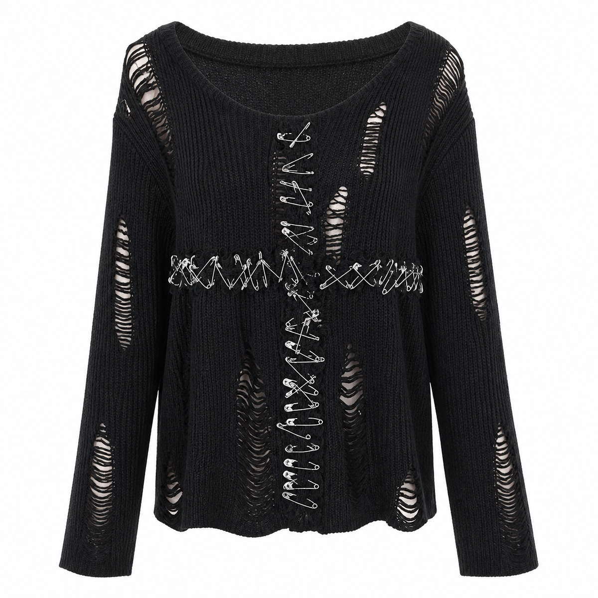 Grunge Distressed Knit Safety-Pin Sweater Top