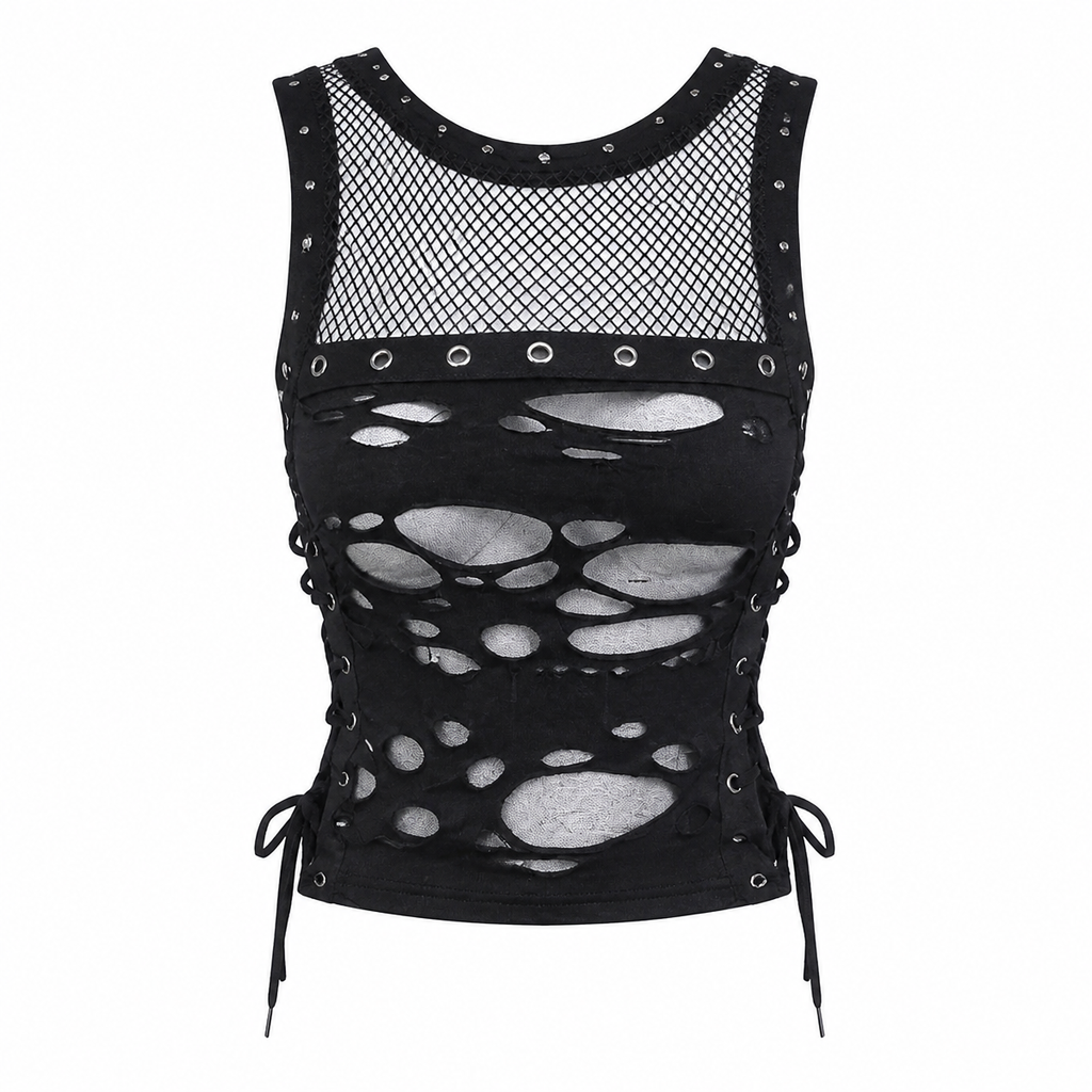 Grunge Black Distressed Mesh Sleeveless Corset Top