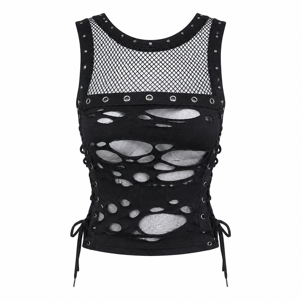 Grunge Black Distressed Mesh Sleeveless Corset Top