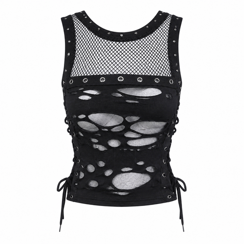 Grunge Black Distressed Mesh Sleeveless Corset Top