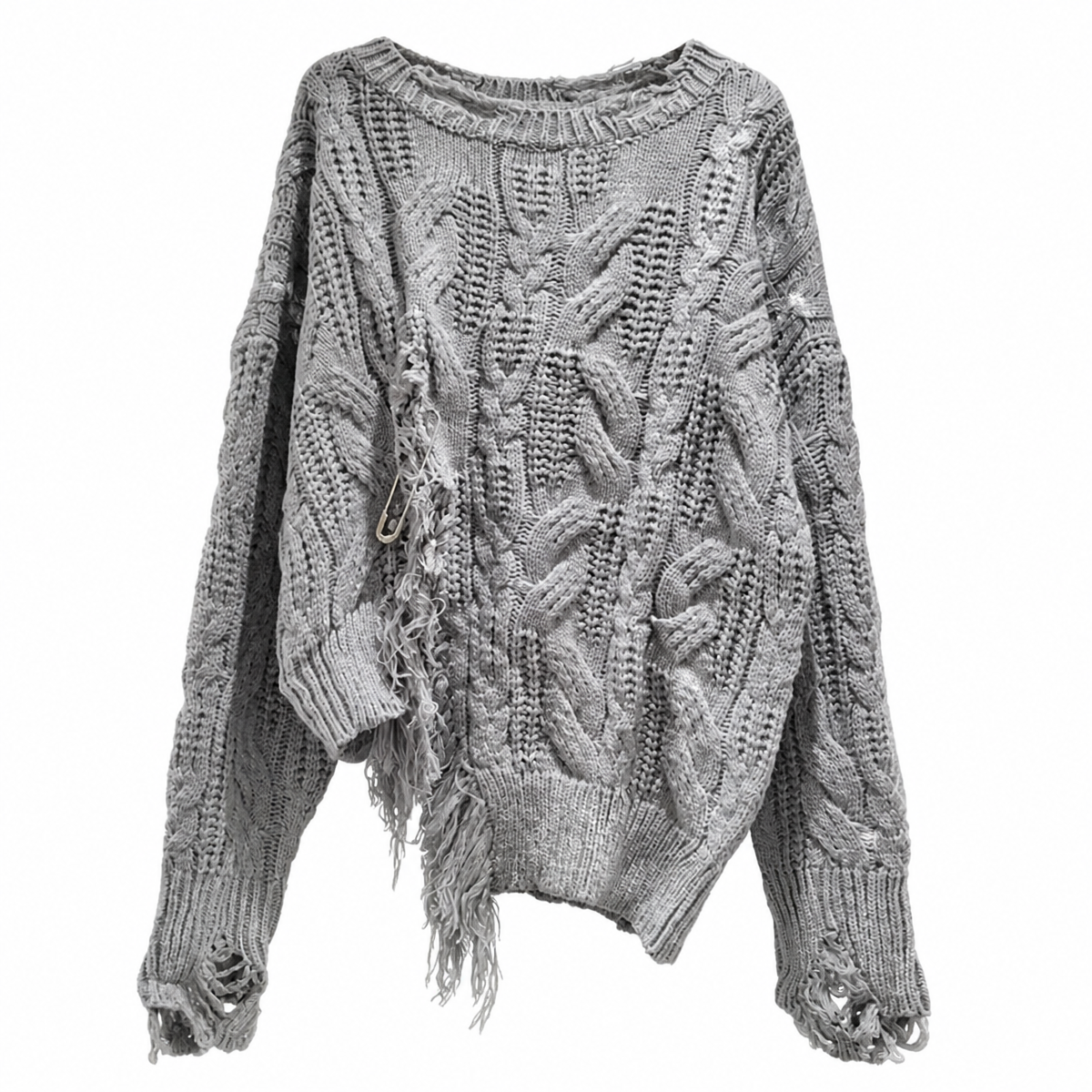 Grunge Distressed Cable-Knit Pullover Sweater