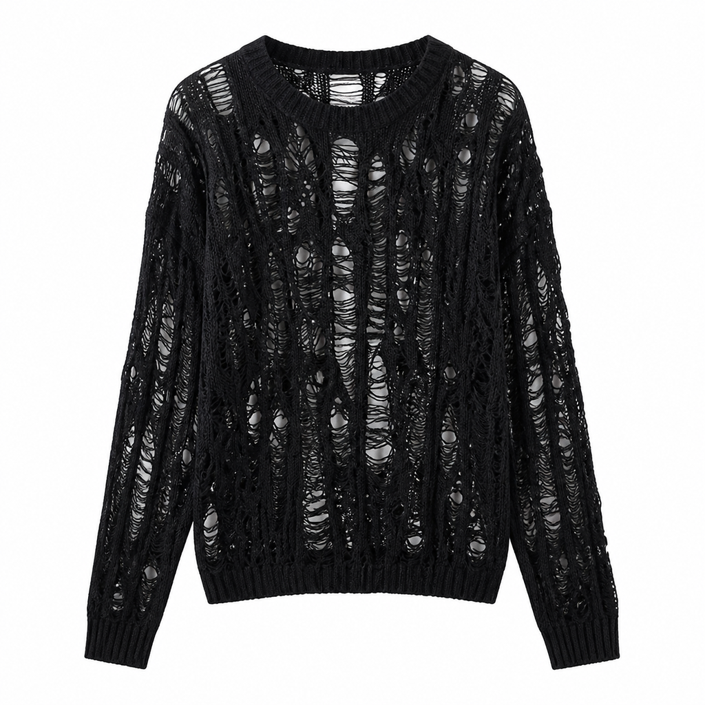 Grunge Distressed Open-Knit Crew-Neck Sweater