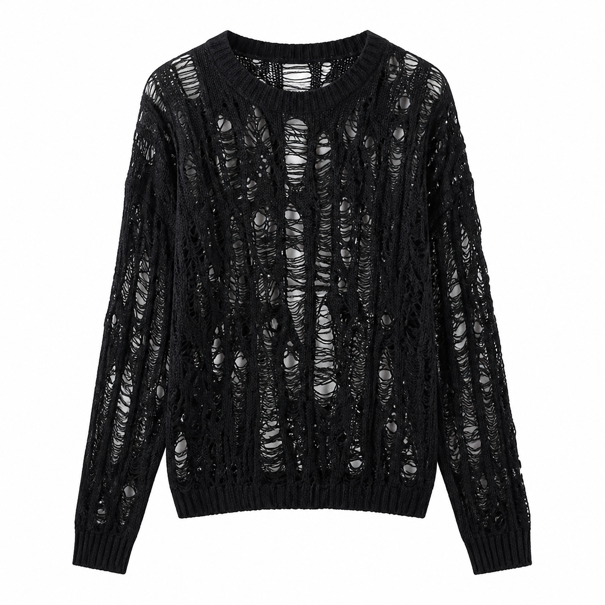 Grunge Distressed Open-Knit Crew-Neck Sweater