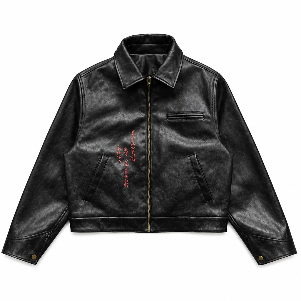Grunge Black Faux Leather Embroidered Jacket with Red Ribbon Detail