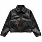 Grunge Black Faux Leather Embroidered Jacket with Red Ribbon Detail