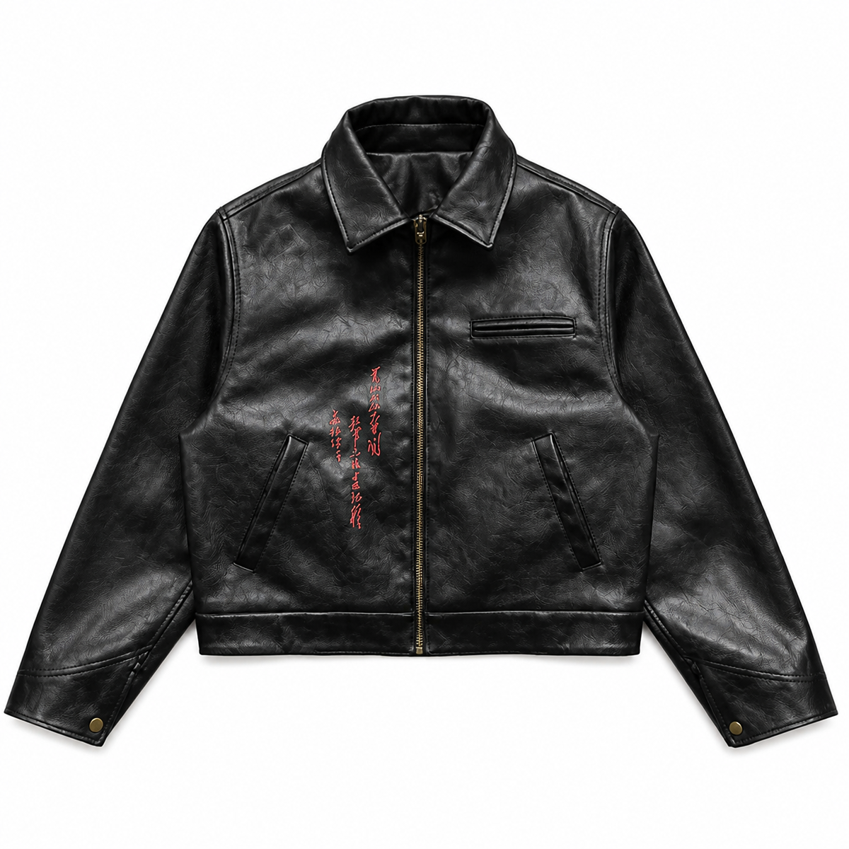 Grunge Black Faux Leather Embroidered Jacket with Red Ribbon Detail