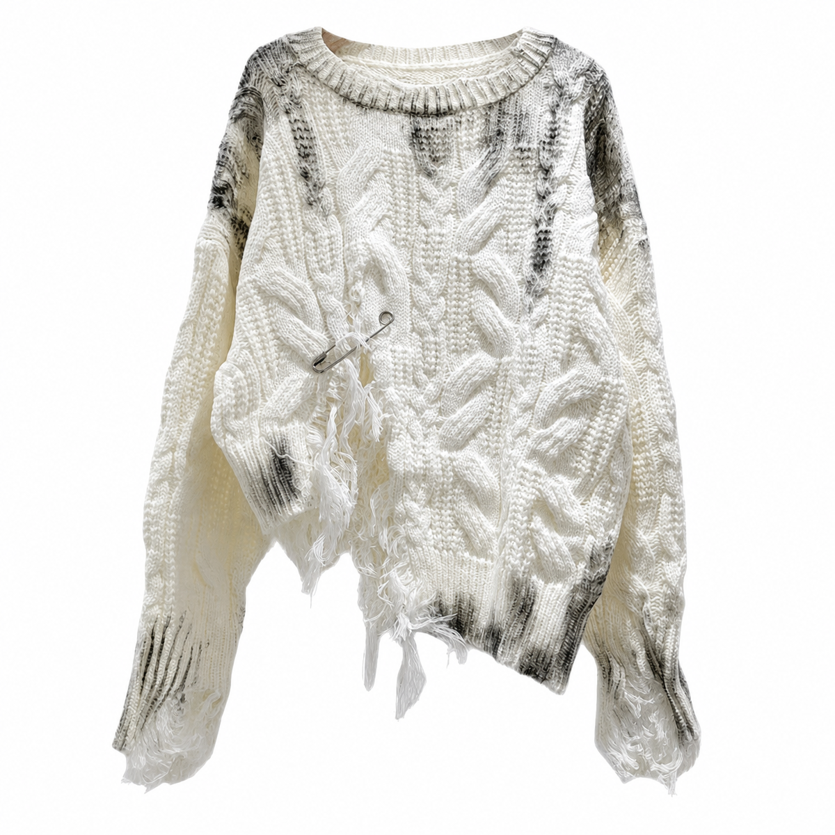 Women's White Distressed Knit Pullover Sweater