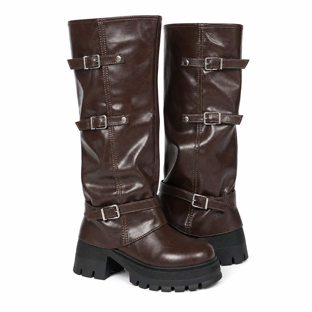 Women's Knee-High Platform Boots with Multi-Buckle Straps