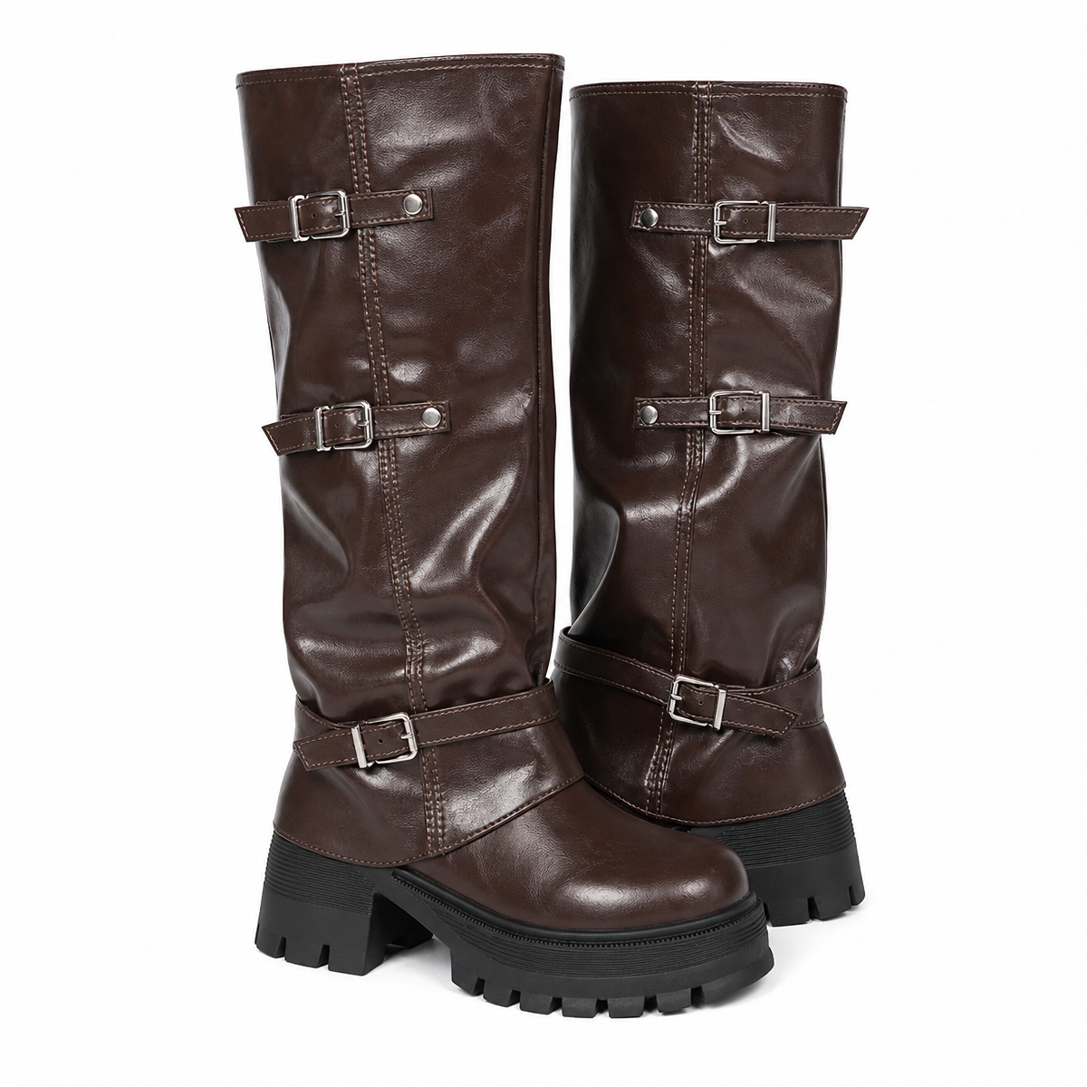 Women's Knee-High Platform Boots with Multi-Buckle Straps