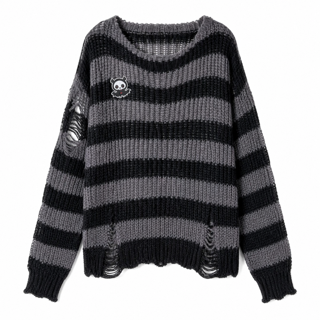 Grunge Striped Distressed Knit Pullover Sweater