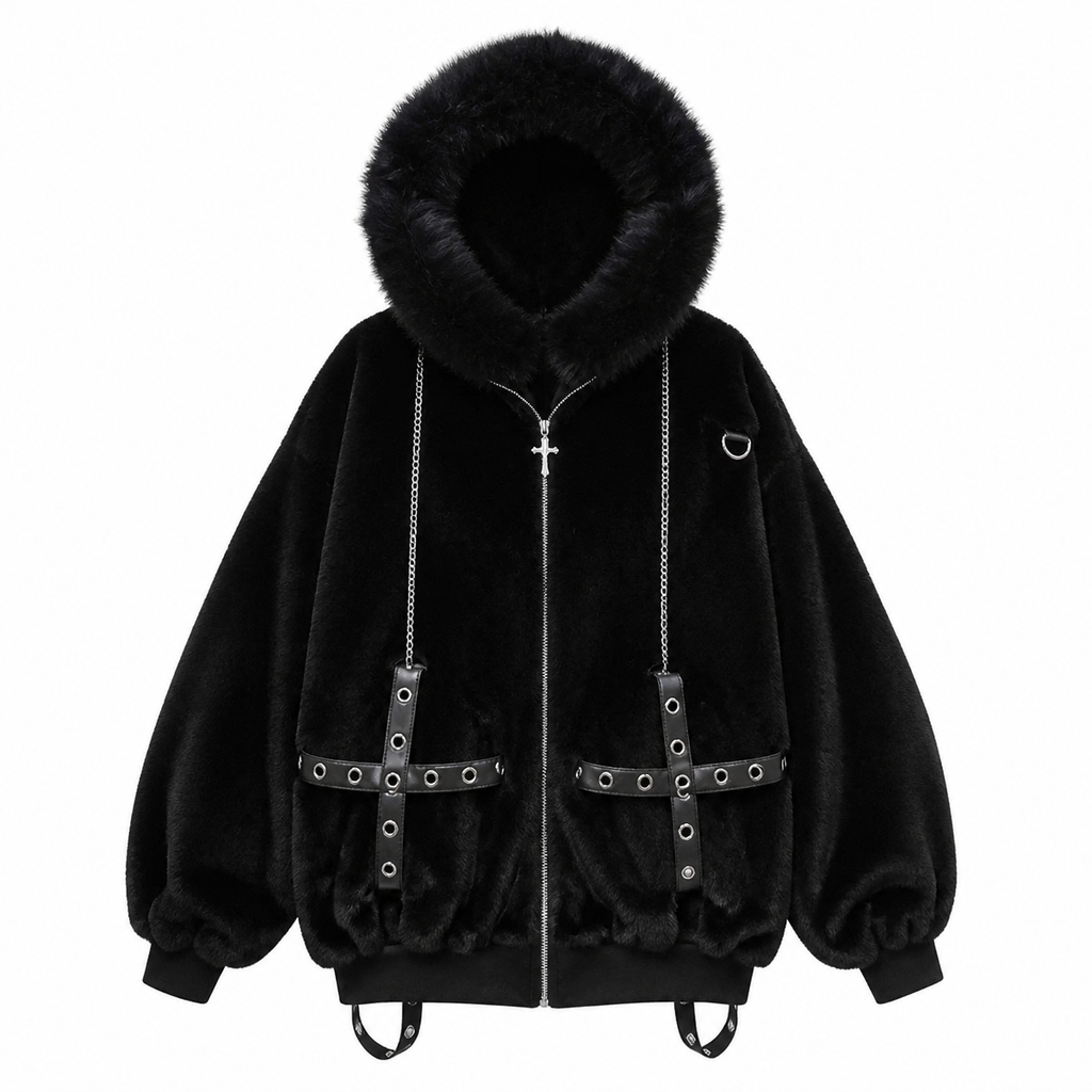 Grunge Fluffy-Hooded Zip Jacket with Studded Cuffs