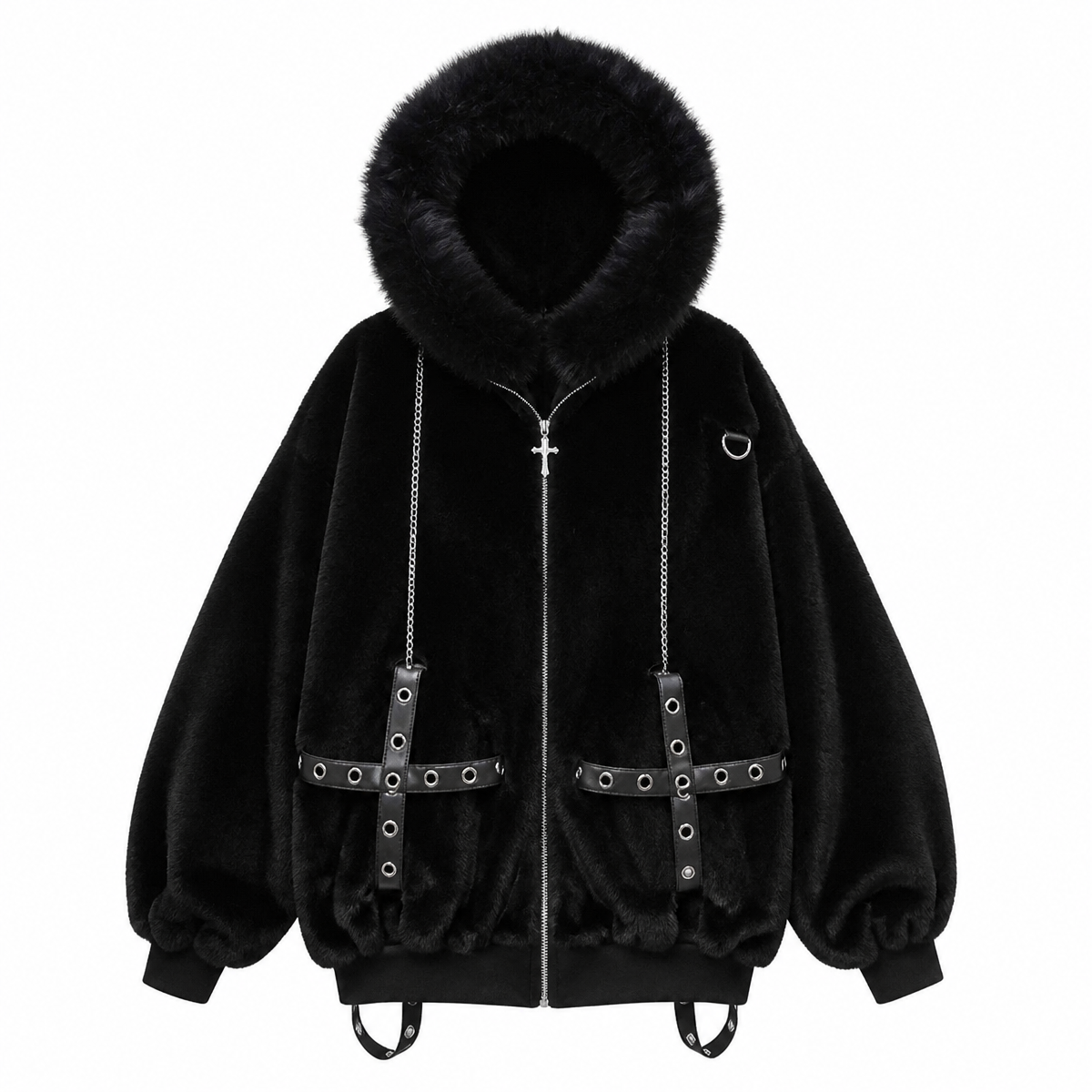Grunge Fluffy-Hooded Zip Jacket with Studded Cuffs