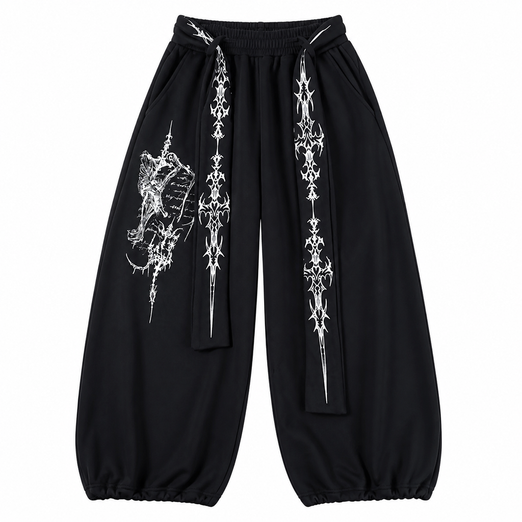 Grunge Black Graphic Wide-Leg Sweatpants