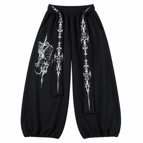 Grunge Black Graphic Wide-Leg Sweatpants