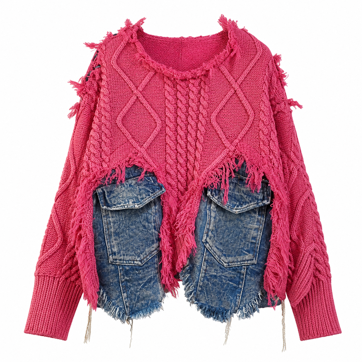 Grunge Washed Pink Patchwork Pocket Knit Sweater