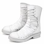Grunge White Mid-Calf Lace-Up Boots with Cross-Strap Detail