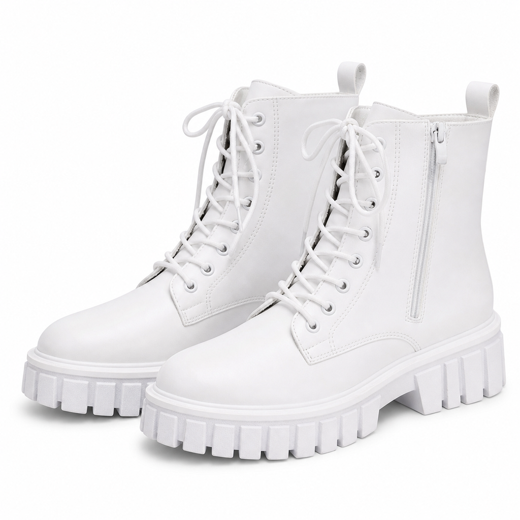 Women's PU Ankle Boots with Lugged Sole – Lace-Up
