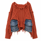 Women's Orange-Red Patchwork Knit Sweater with Denim Pockets