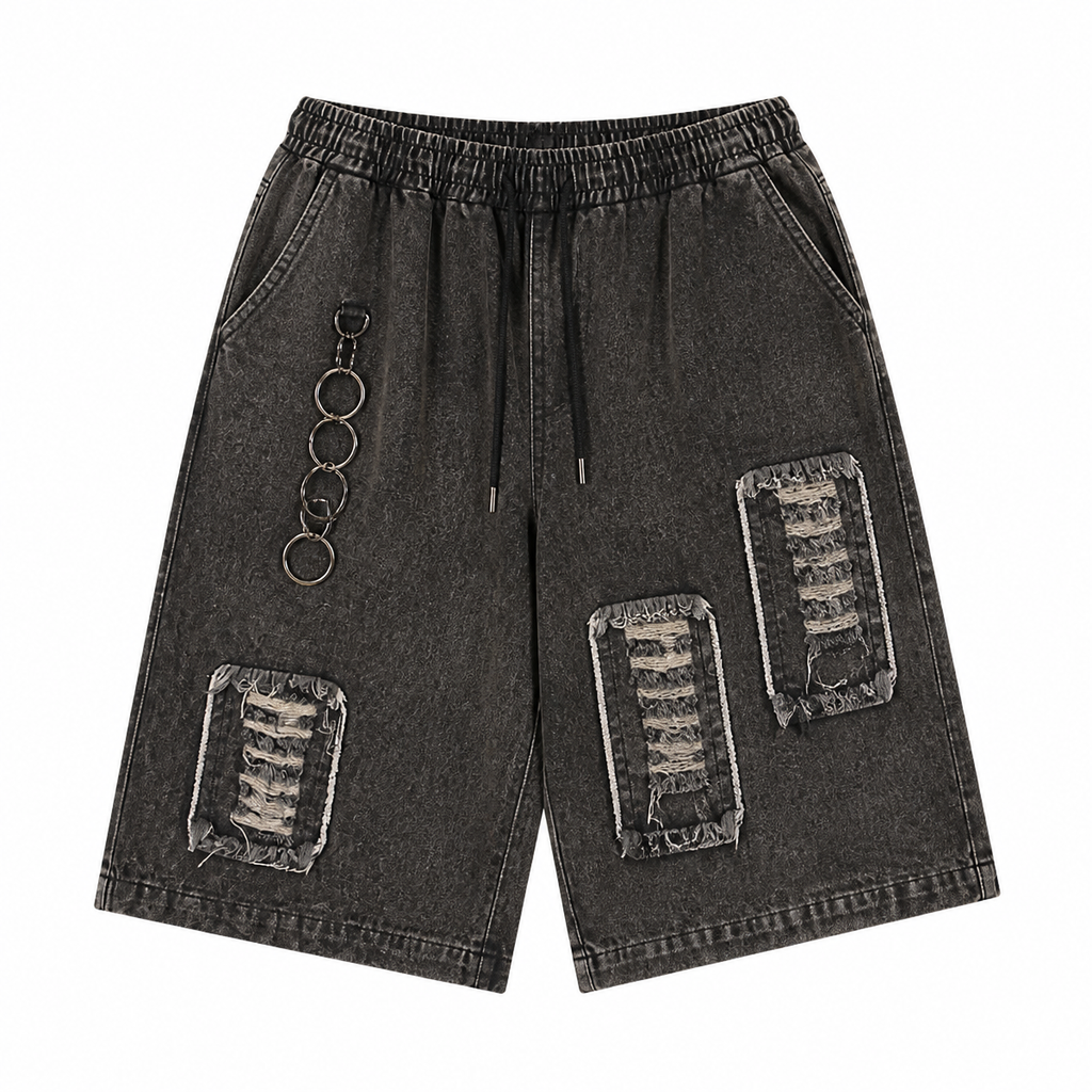 Grunge Ripped Denim Shorts – Loose Knee-Length Utility Shorts