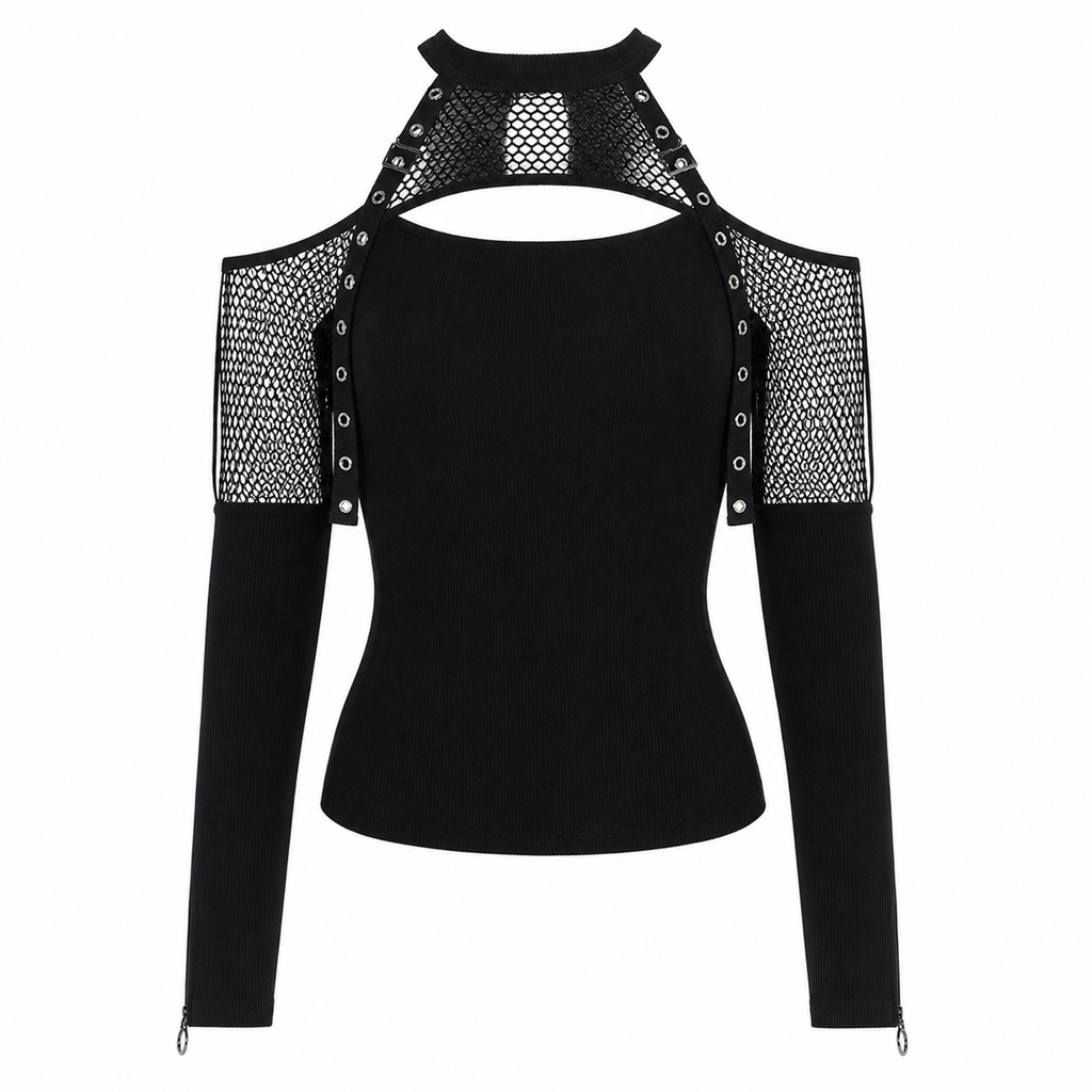 Women's Black Gothic Fishnet Cutout Long-Sleeve Top