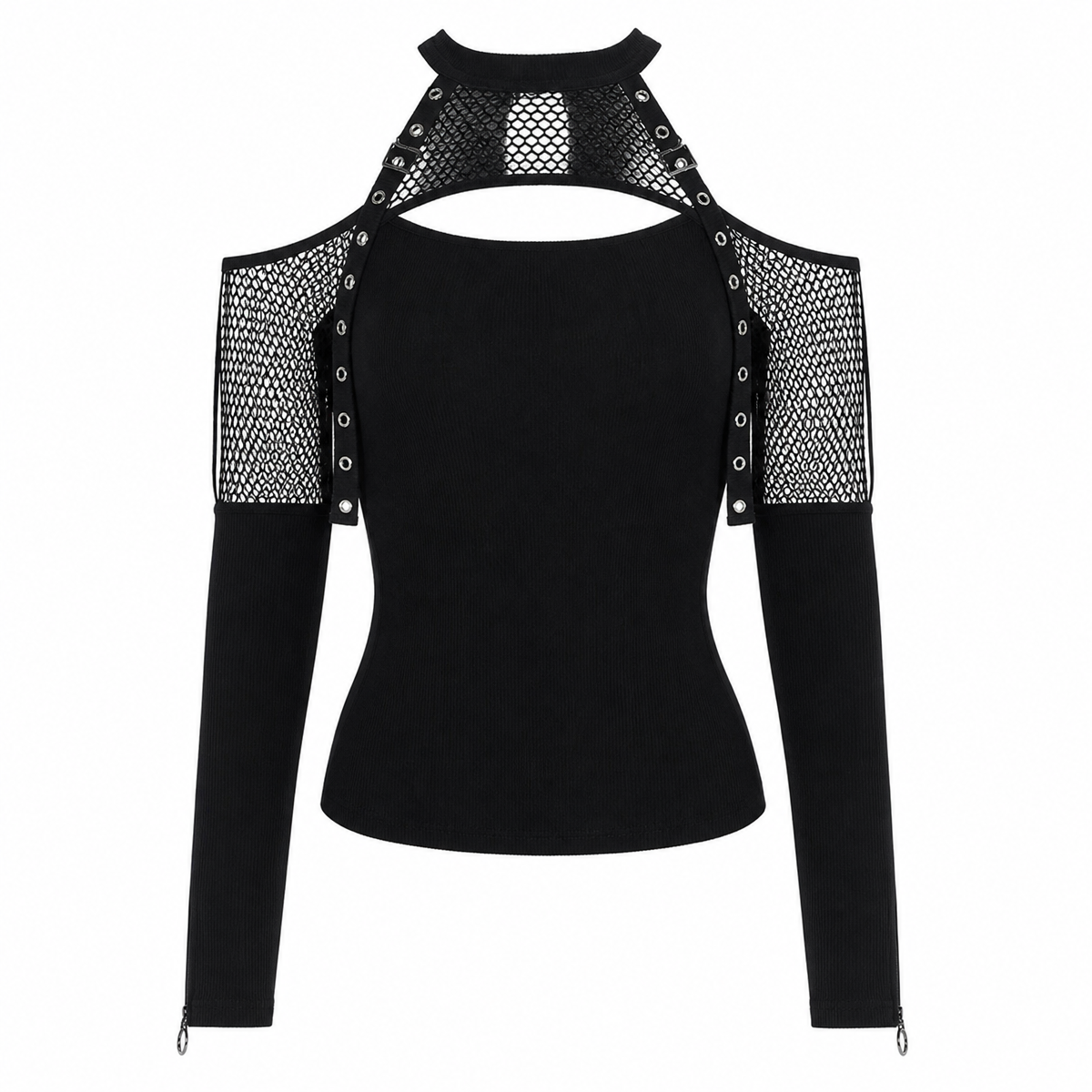 Women's Black Gothic Fishnet Cutout Long-Sleeve Top