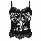 Black Gothic Lace-Trim Graphic Camisole Top