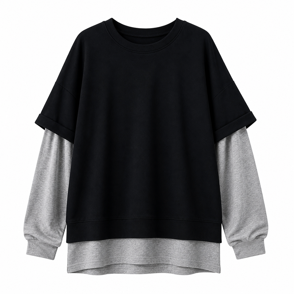 Grunge Black Oversized Two-Piece Long-Sleeve Top Set